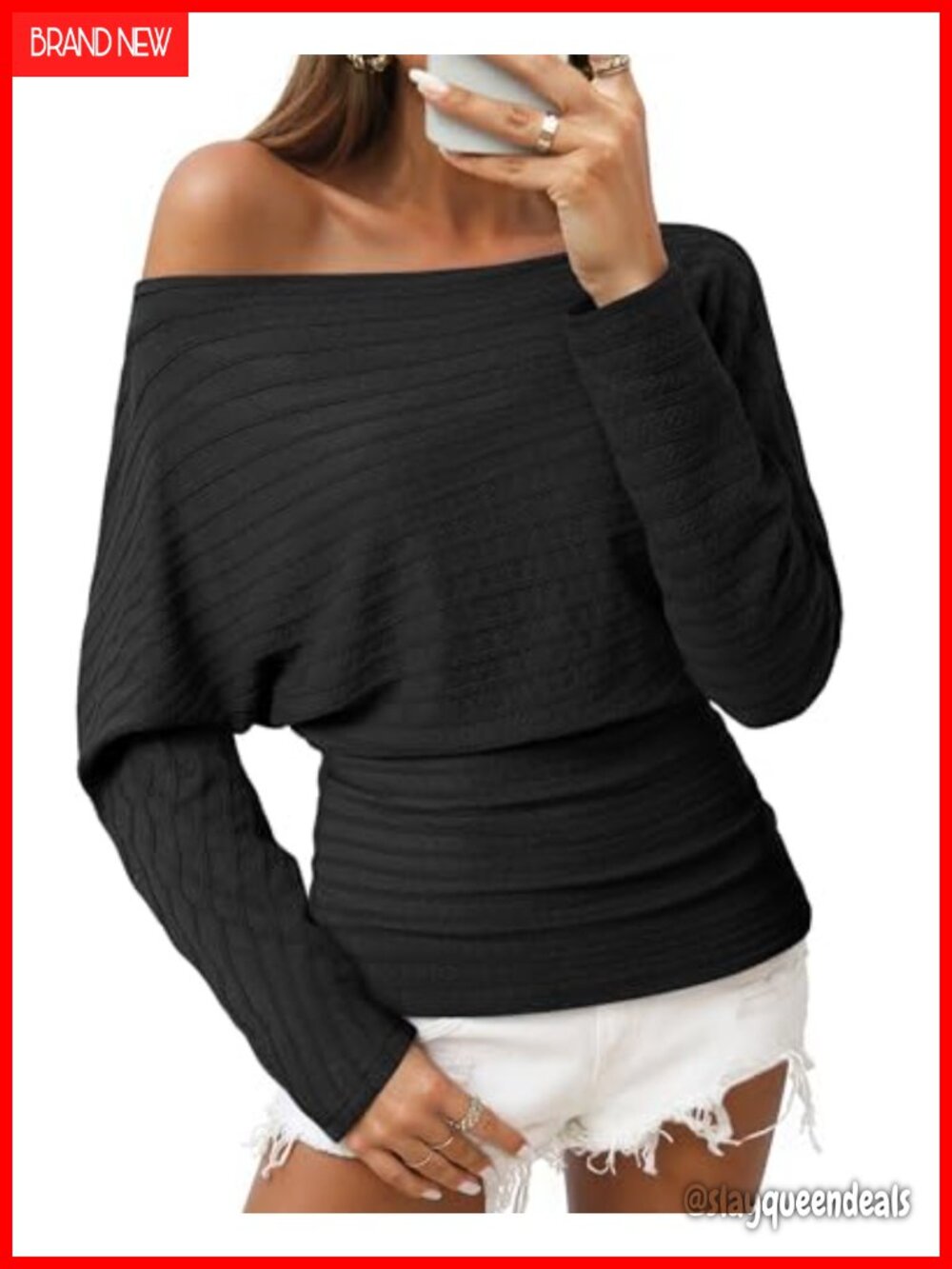 Women Off Shoulder Batwing Sleeve Knit Pullover Top Long Sleeve Blouse